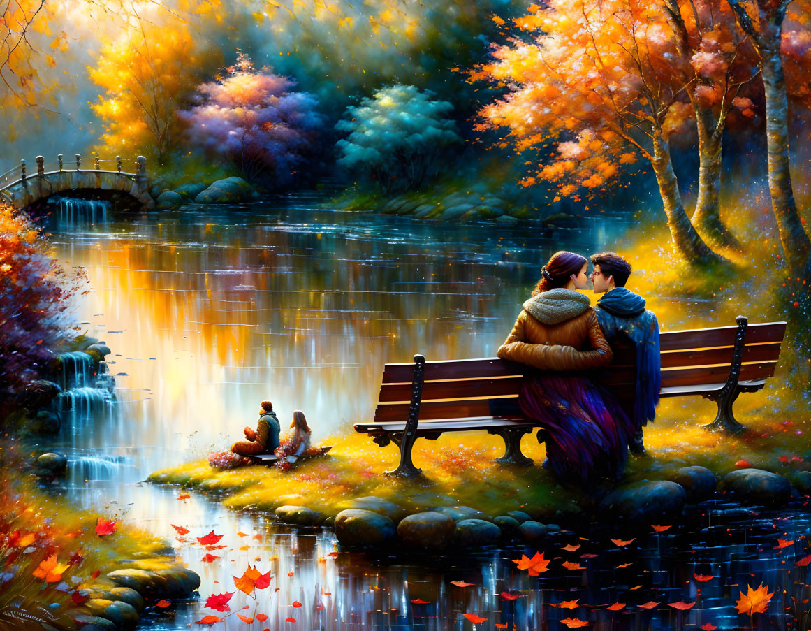 Couple Embraces on Bench by Tranquil Lake Amid Autumn Foliage