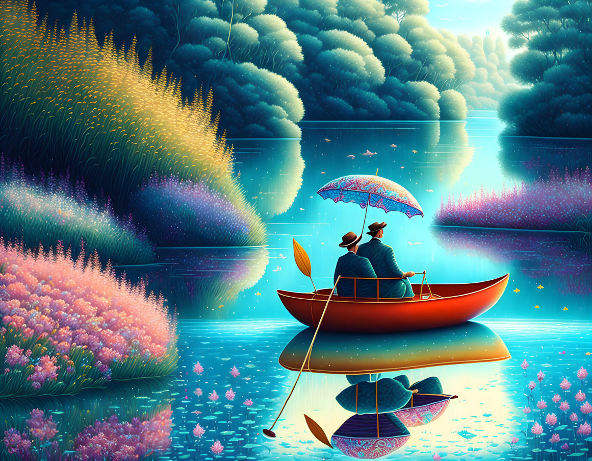 Digital artwork: Person with umbrella in canoe in serene floral twilight scene