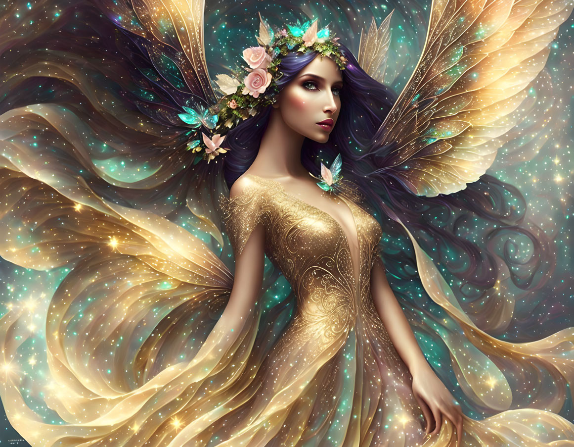 Golden-winged mystical woman with flowing hair in starry setting