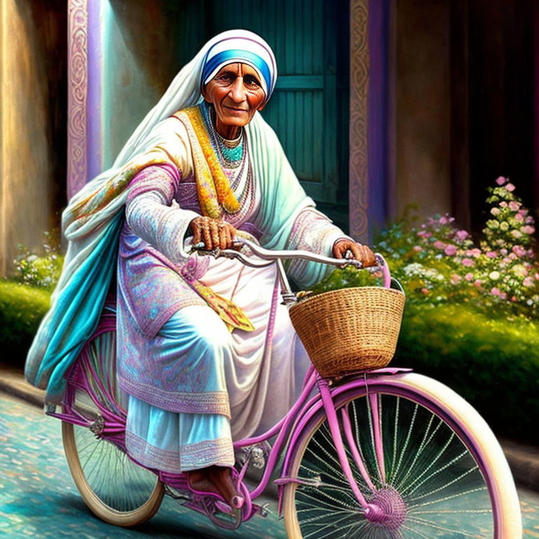 Elderly woman in traditional attire smiles riding pink bicycle in colorful alleyway