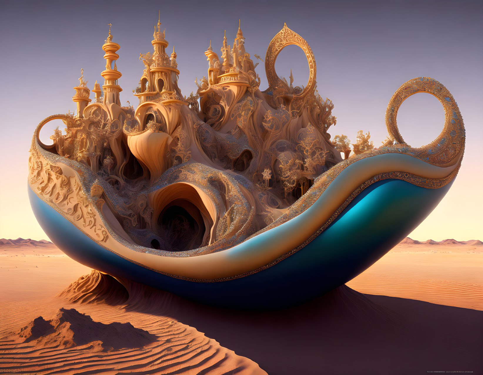 Golden Genie Lamp Palace on Sand Dune Under Clear Sky