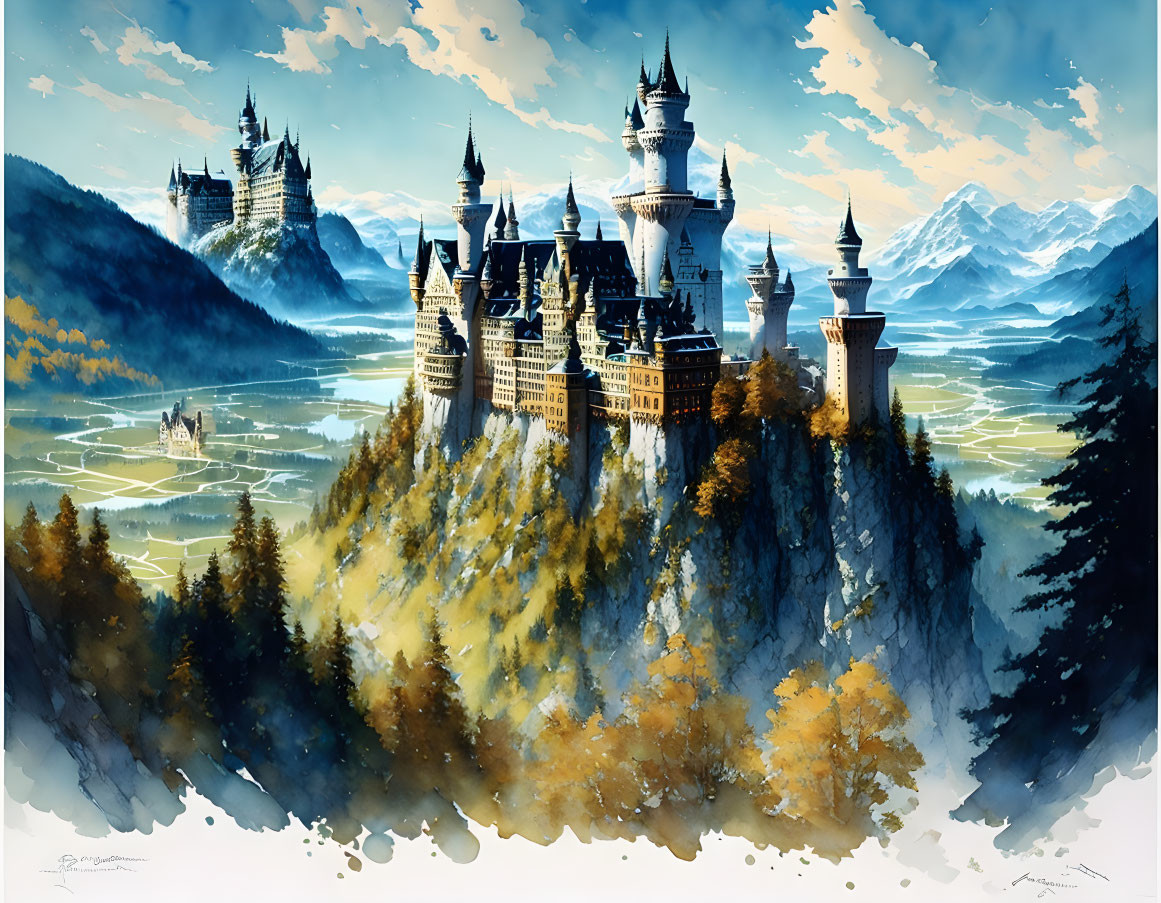 Fantasy castle on cliff with mountains, forest, village & blue sky