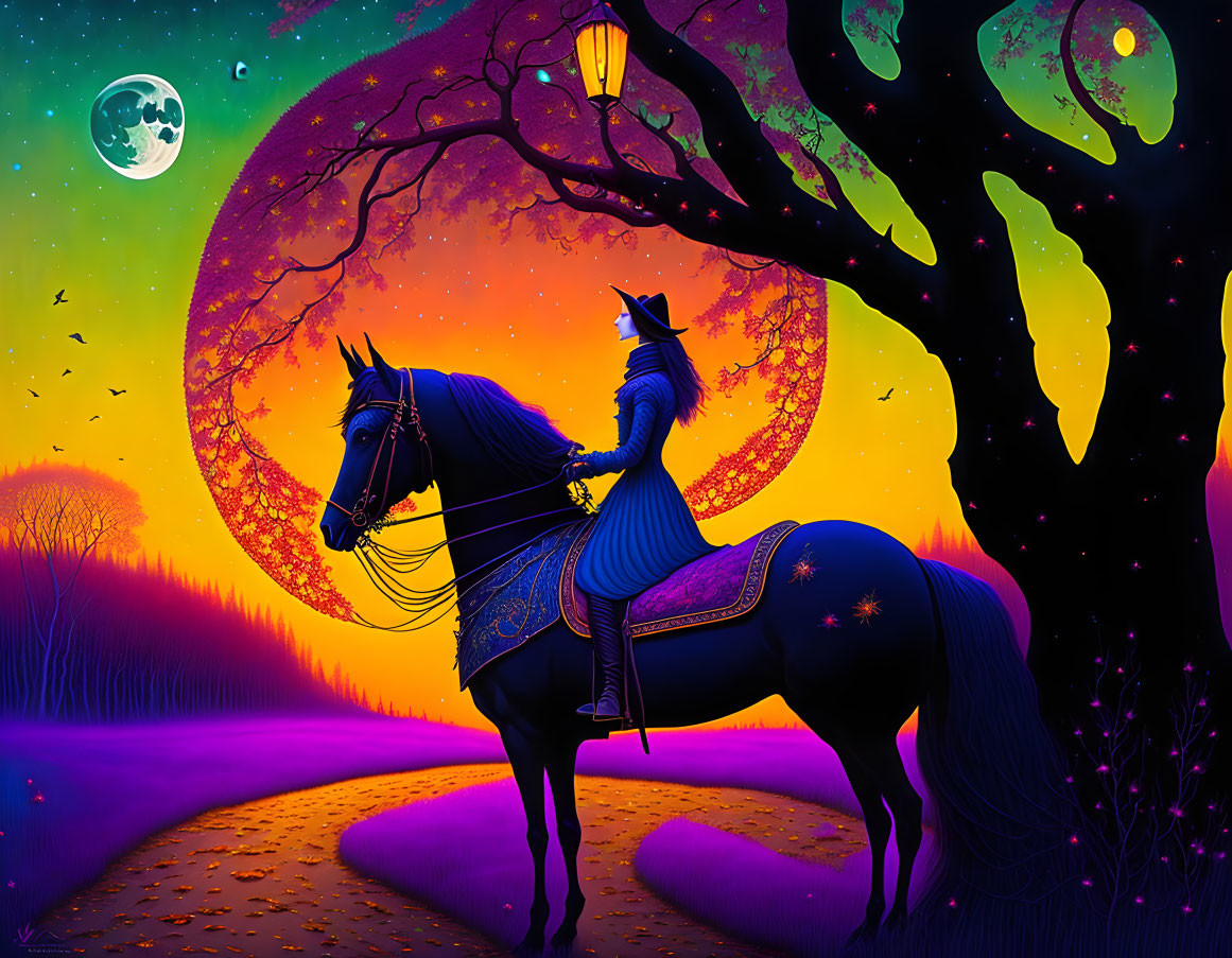 Colorful witch riding horse under full moon in twilight with bats.