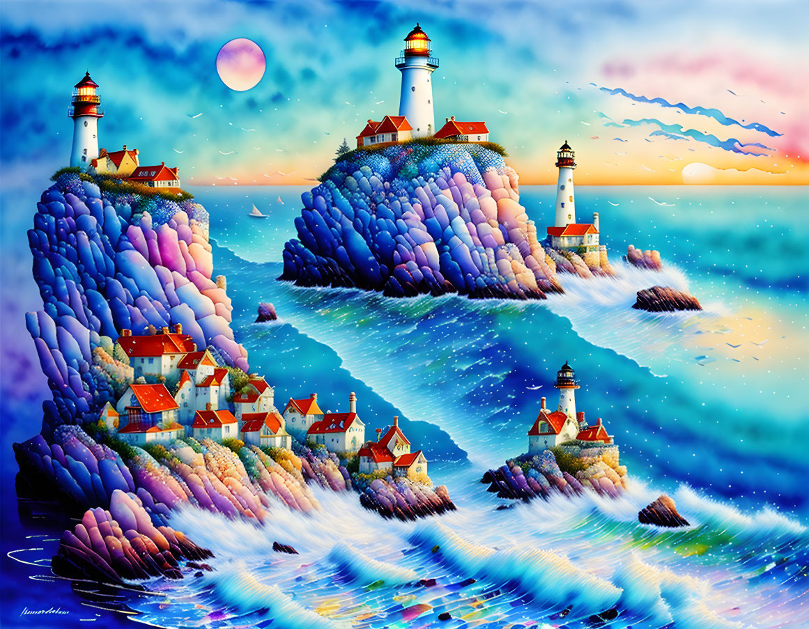 Colorful lighthouses on rocky outcrops under a pink moon