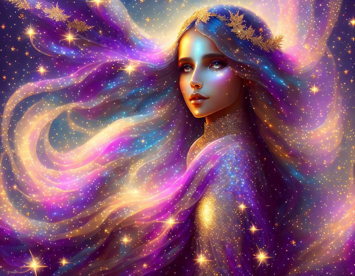 Digital artwork: Woman with flowing hair like starry night sky, cosmic purple and blue hues