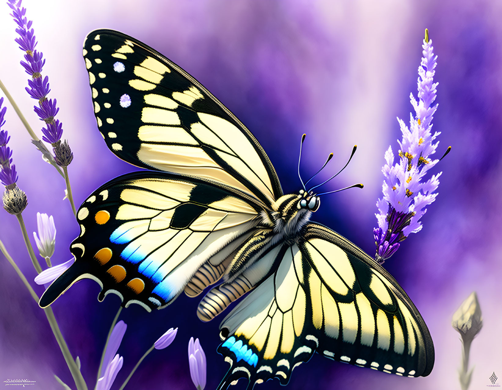 Colorful Butterfly on Purple Flower with Bokeh Background