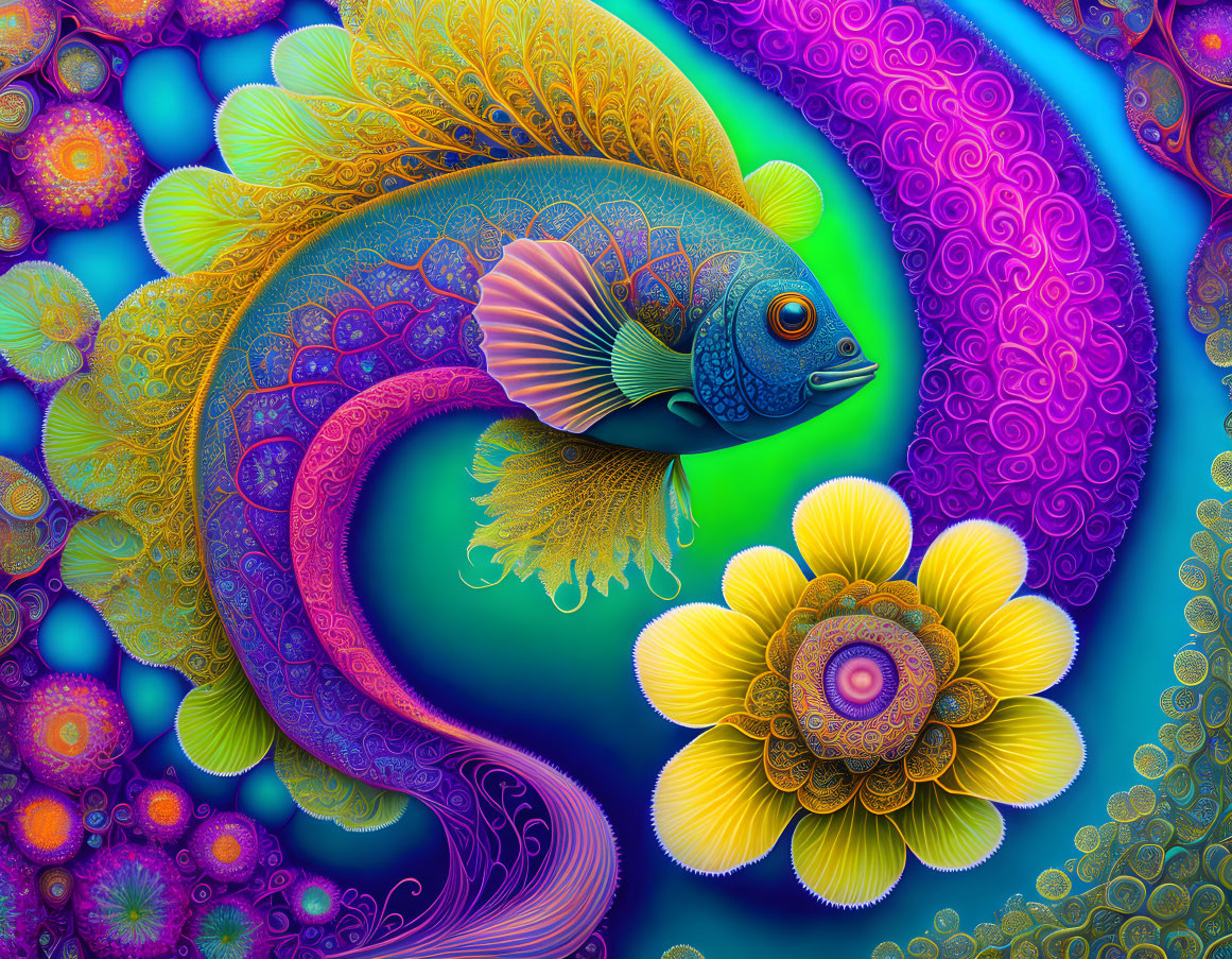 Colorful Fish and Flower in Psychedelic Digital Art