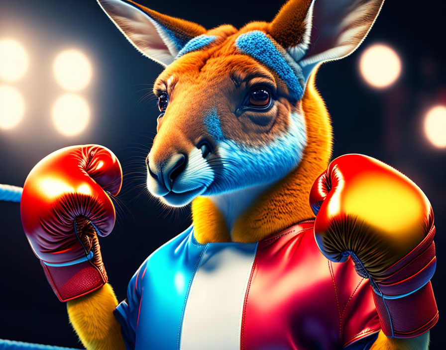 Anthropomorphic kangaroo in boxing ring with gloves and robe.