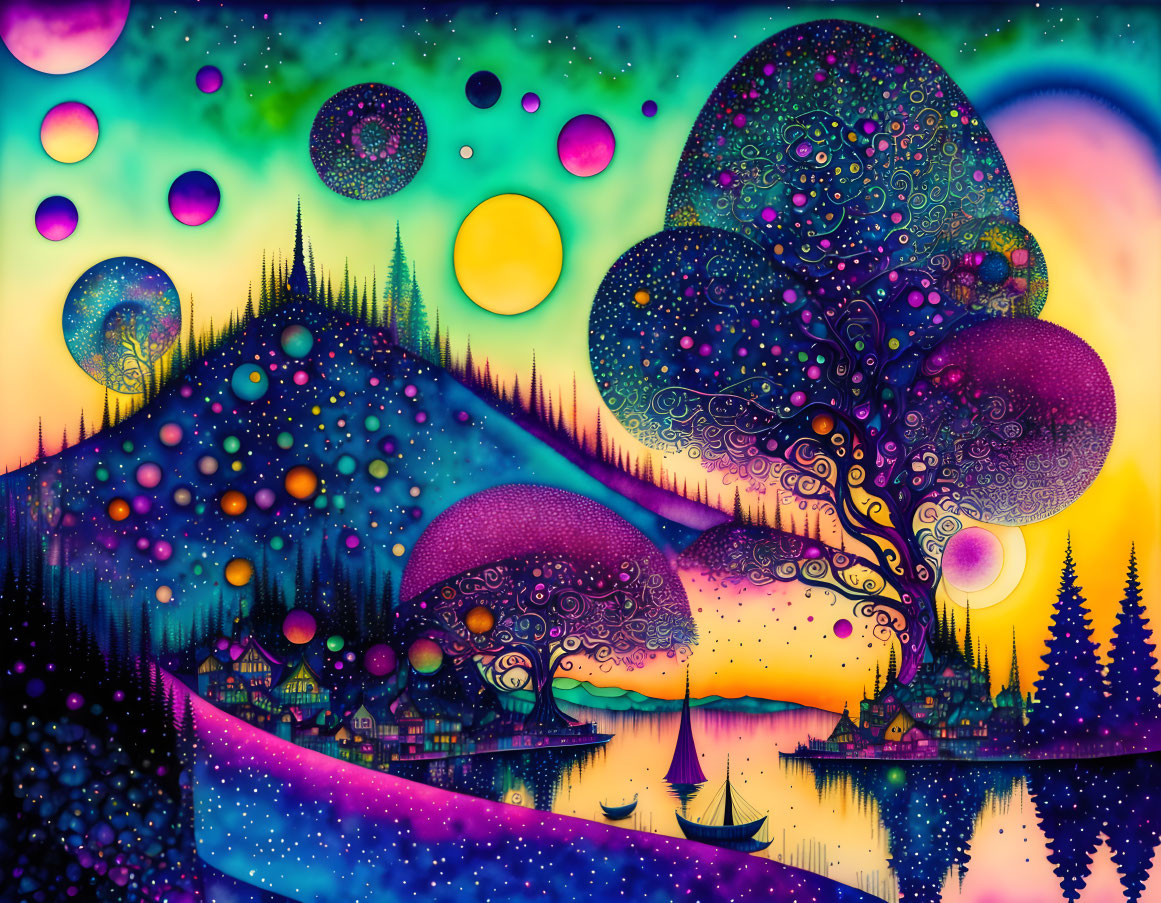 Colorful Psychedelic Landscape with Whimsical Trees, Celestial Bodies, Lake, Sailboat