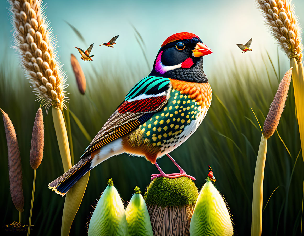 Colorful bird on green pod surrounded by wheat and cattails with hummingbirds.