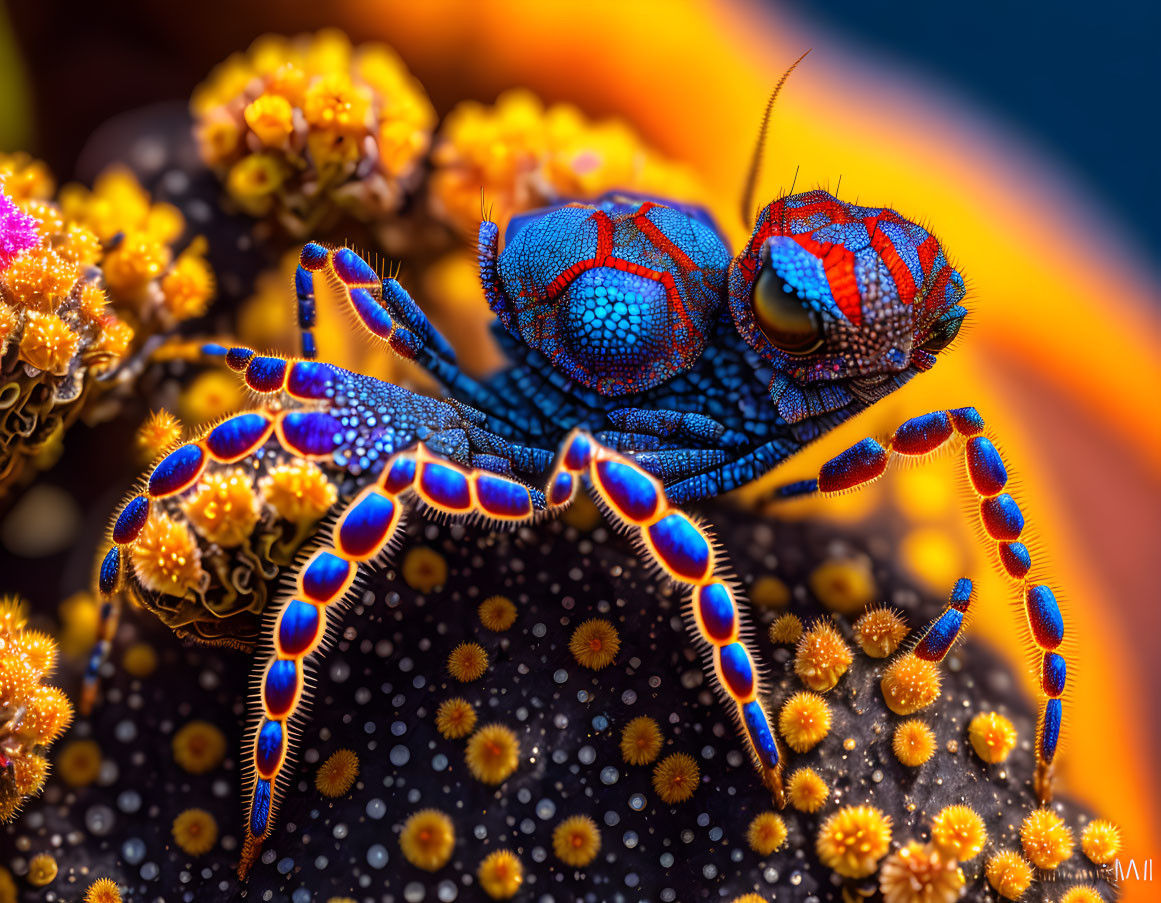 Colorful Red and Blue Spider on Textured Plant with Yellow Flowers