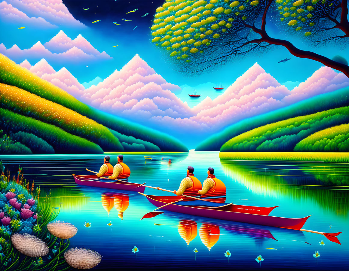 Colorful Fantasy Landscape with Boats on Reflective Lake