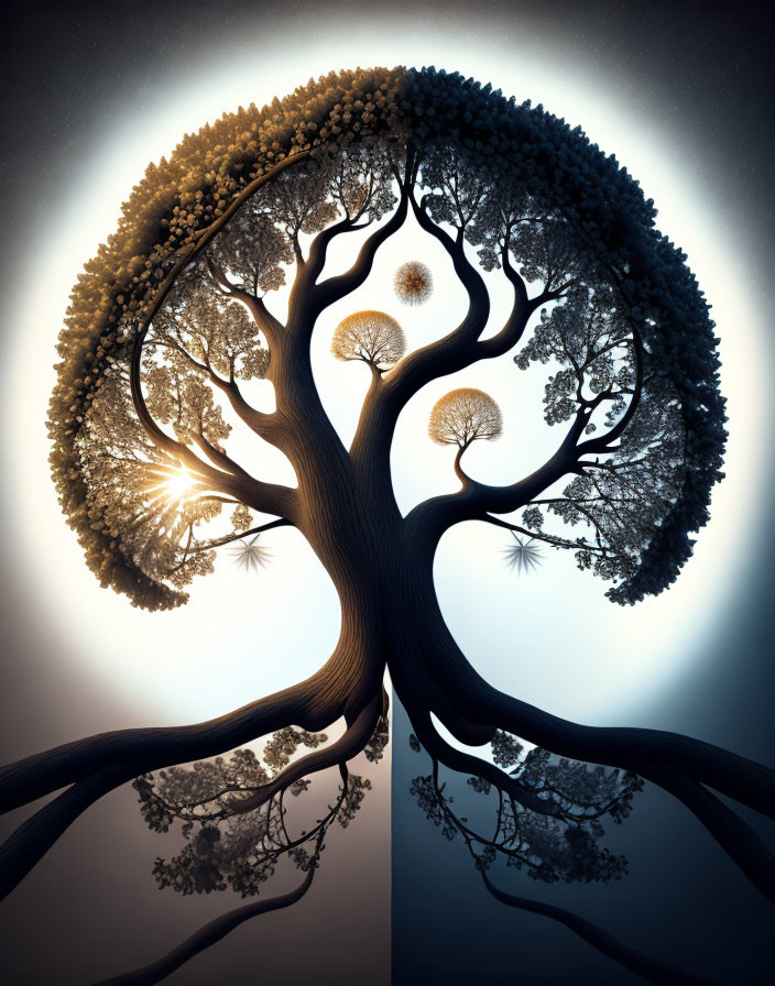 Surreal tree image with circular branches depicting seasons and sun peeking through