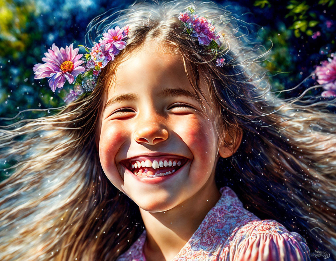 Young girl with floral headband and long hair, smiling brightly