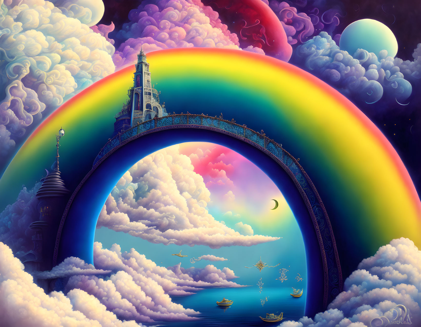 Vibrant rainbow bridge in fantastical landscape