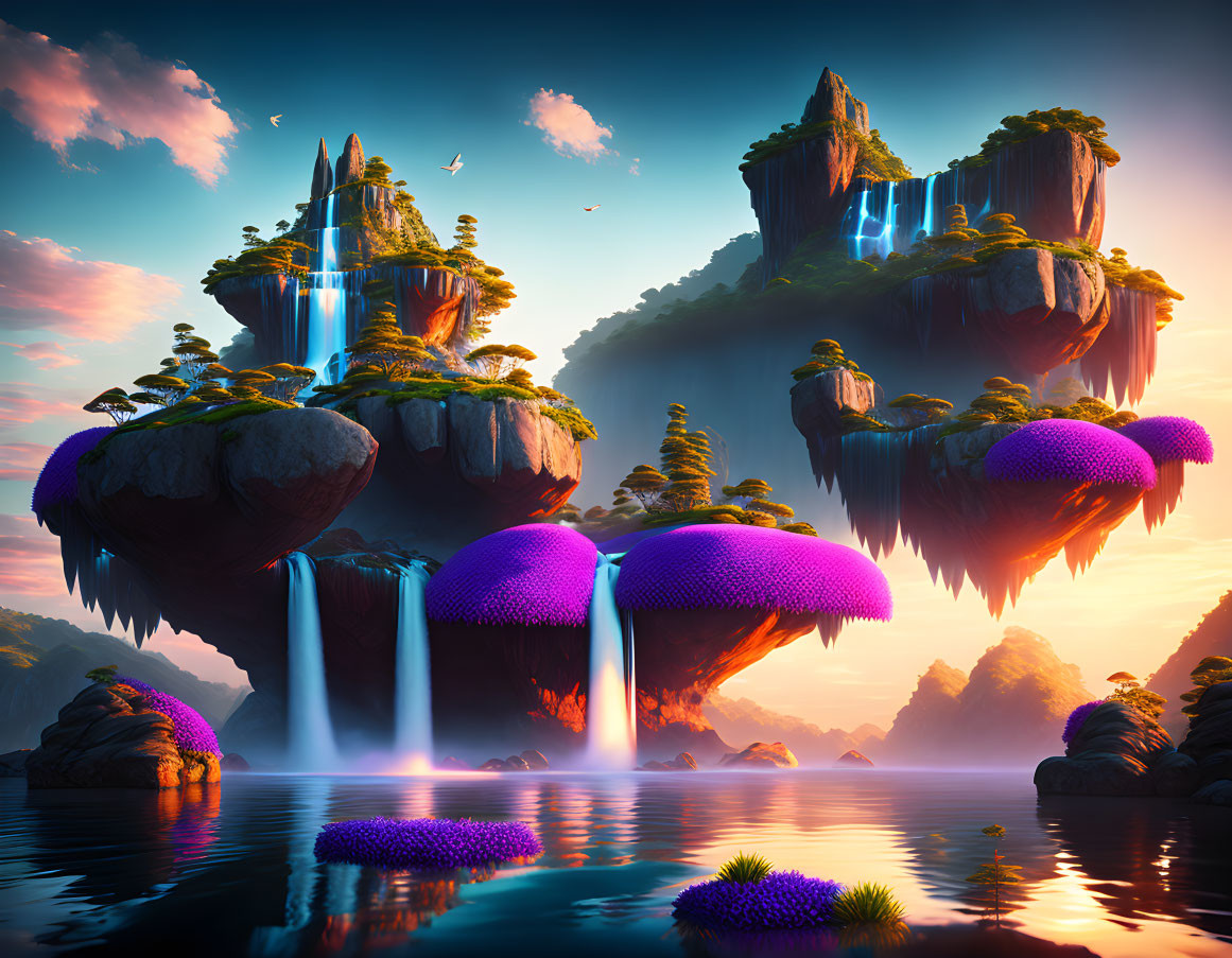 Fantasy landscape with floating islands, waterfalls, purple foliage, calm waters, sunset sky