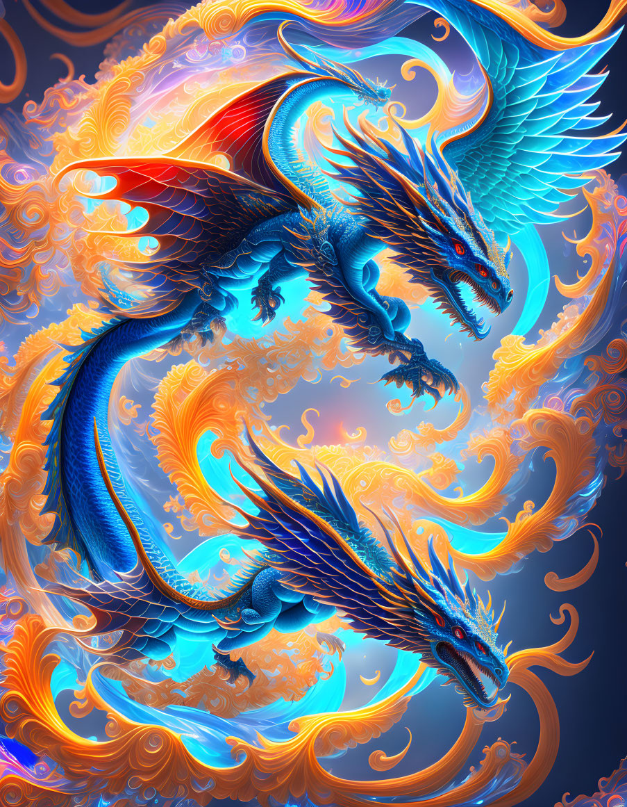 Intricate blue and orange dragon artwork on abstract background