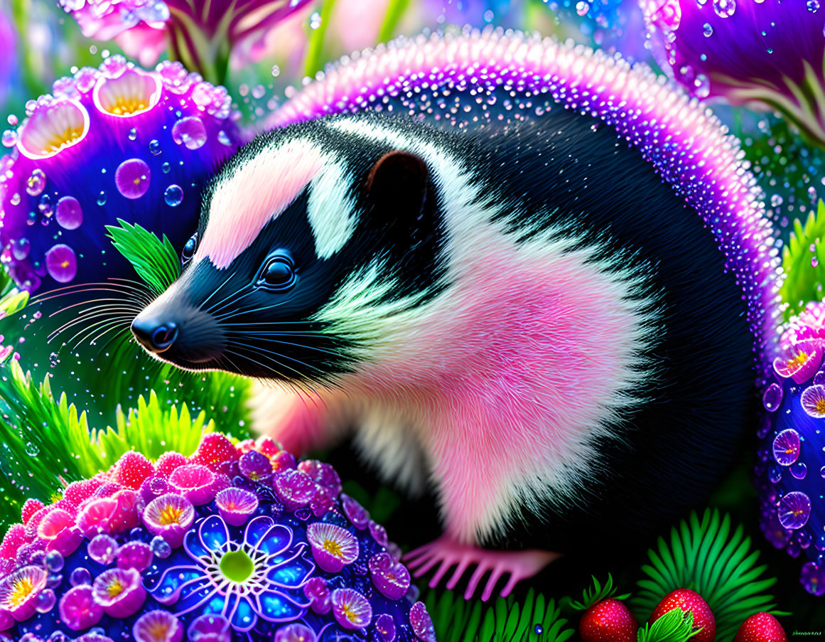 Colorful Skunk Among Stylized Flowers in Whimsical Digital Art