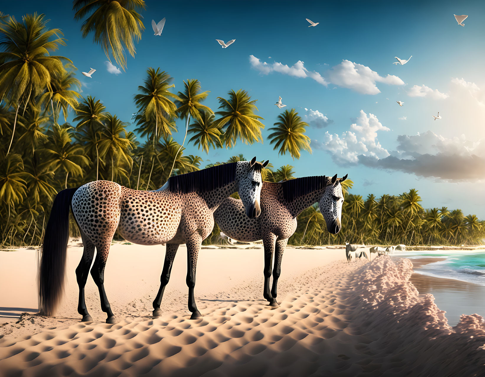 Dotted coat horses on sandy beach with palm trees