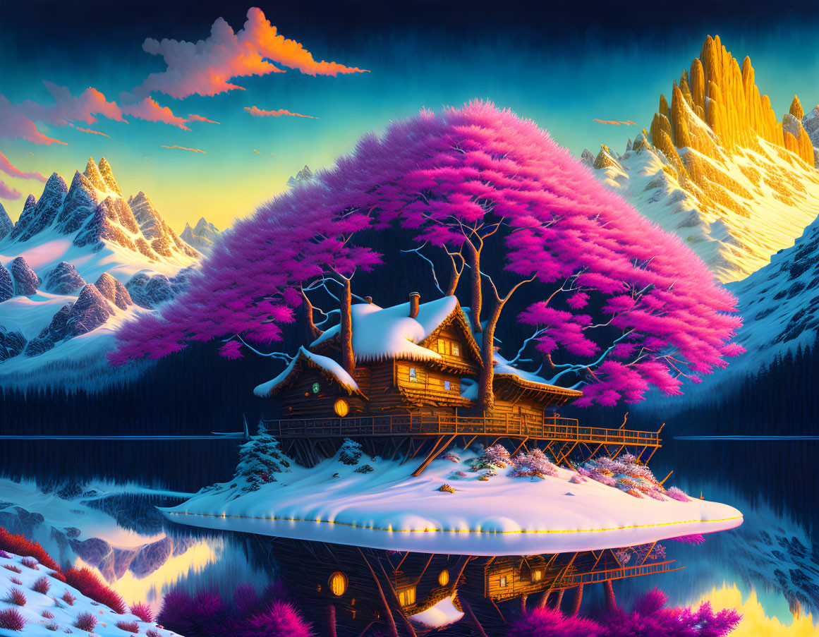 Snow-covered landscape with pink trees, cabin, mountains, and water body at sunset.