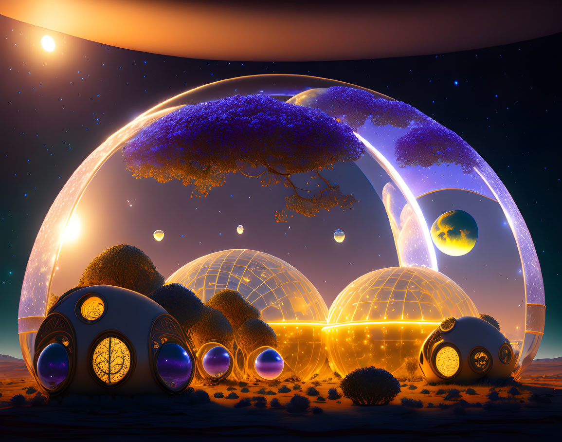 Futuristic landscape with glowing domes, purple trees, starry sky, and distant planets at