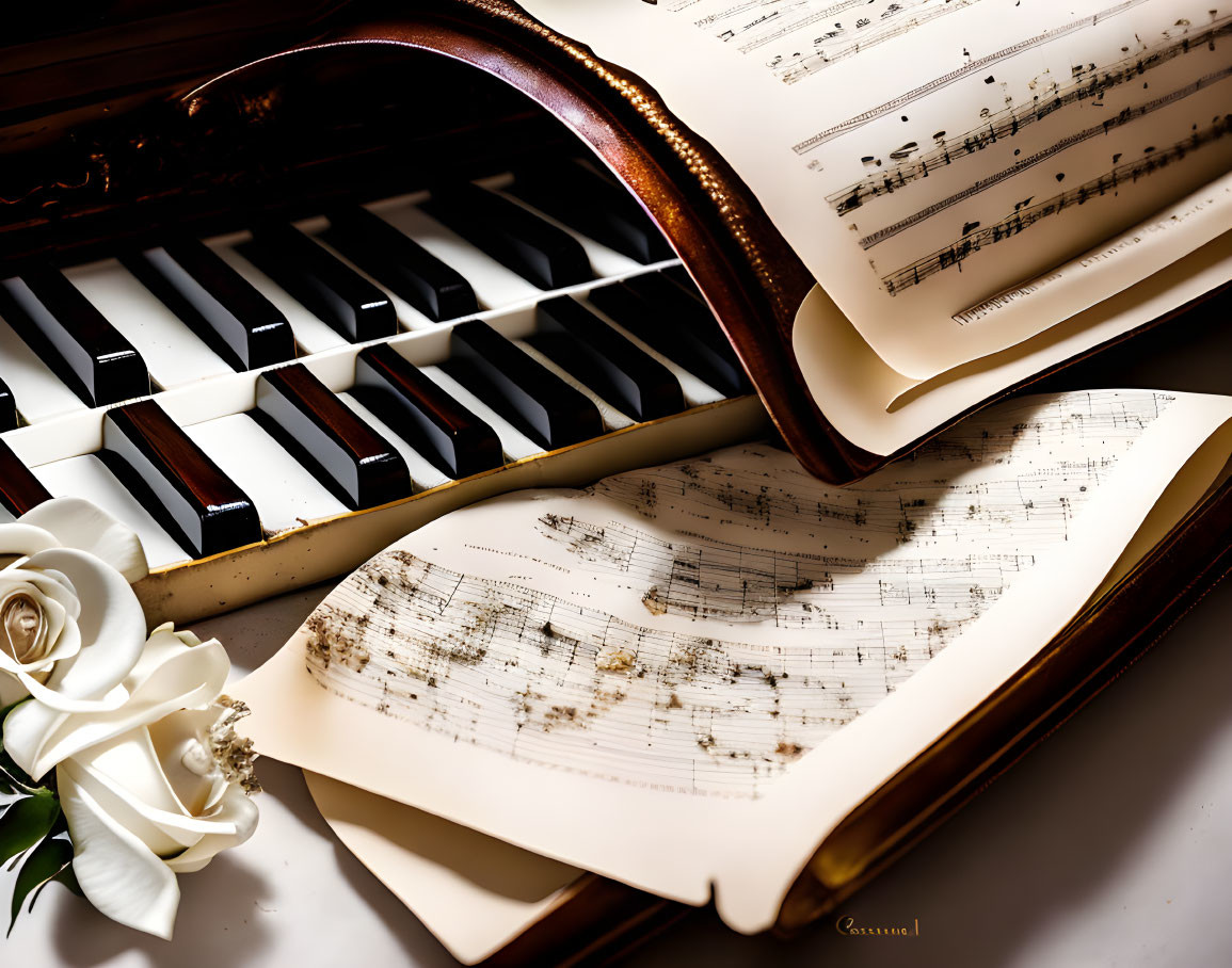 Close-up of piano keys with musical score and white rose for romantic/classical music theme