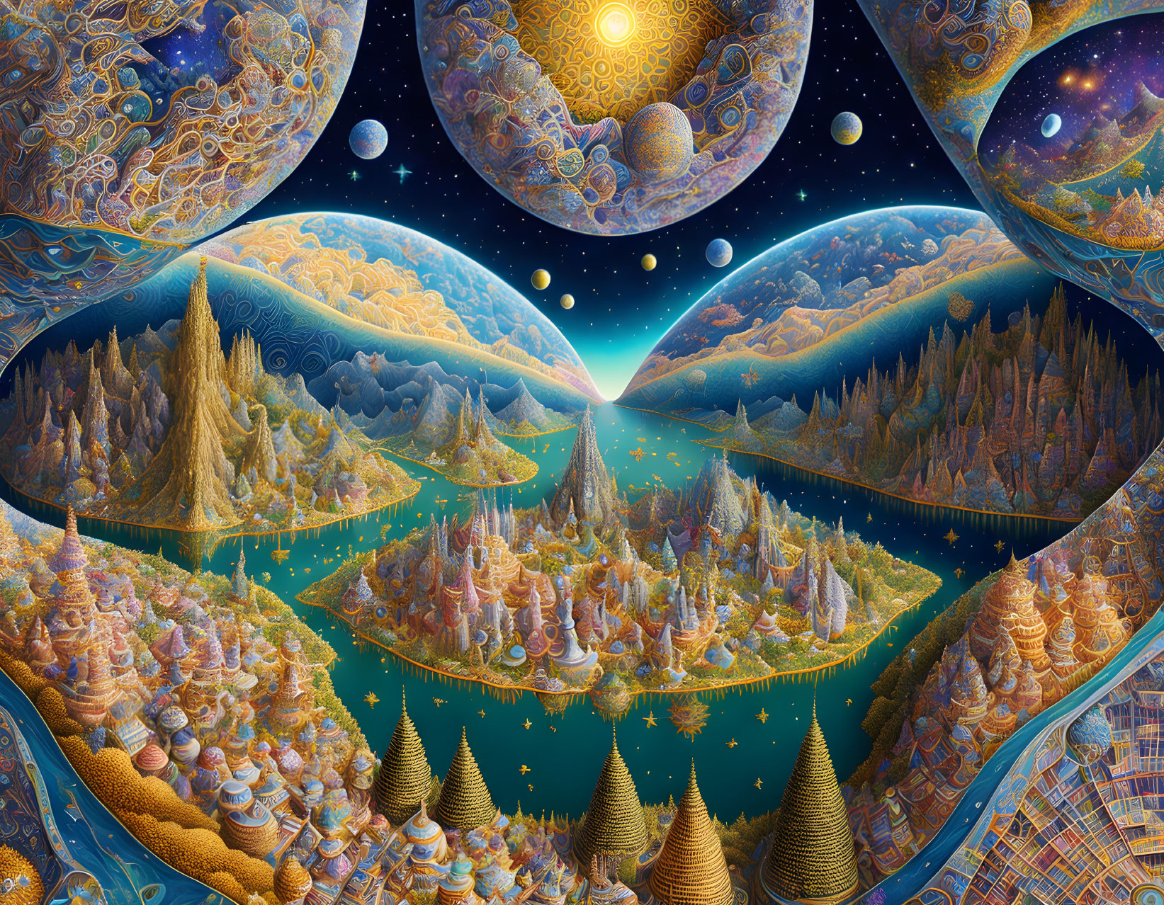 Symmetrical mountainous landscape under starry sky with celestial orbs