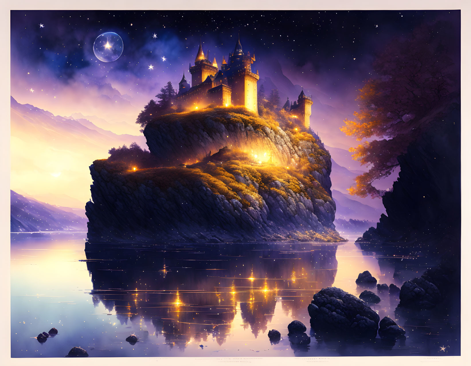 Fantasy castle on rocky cliff under starry night sky