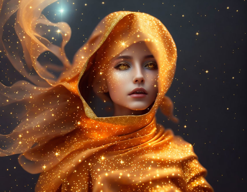 Woman in golden shawl gazes under starry sky