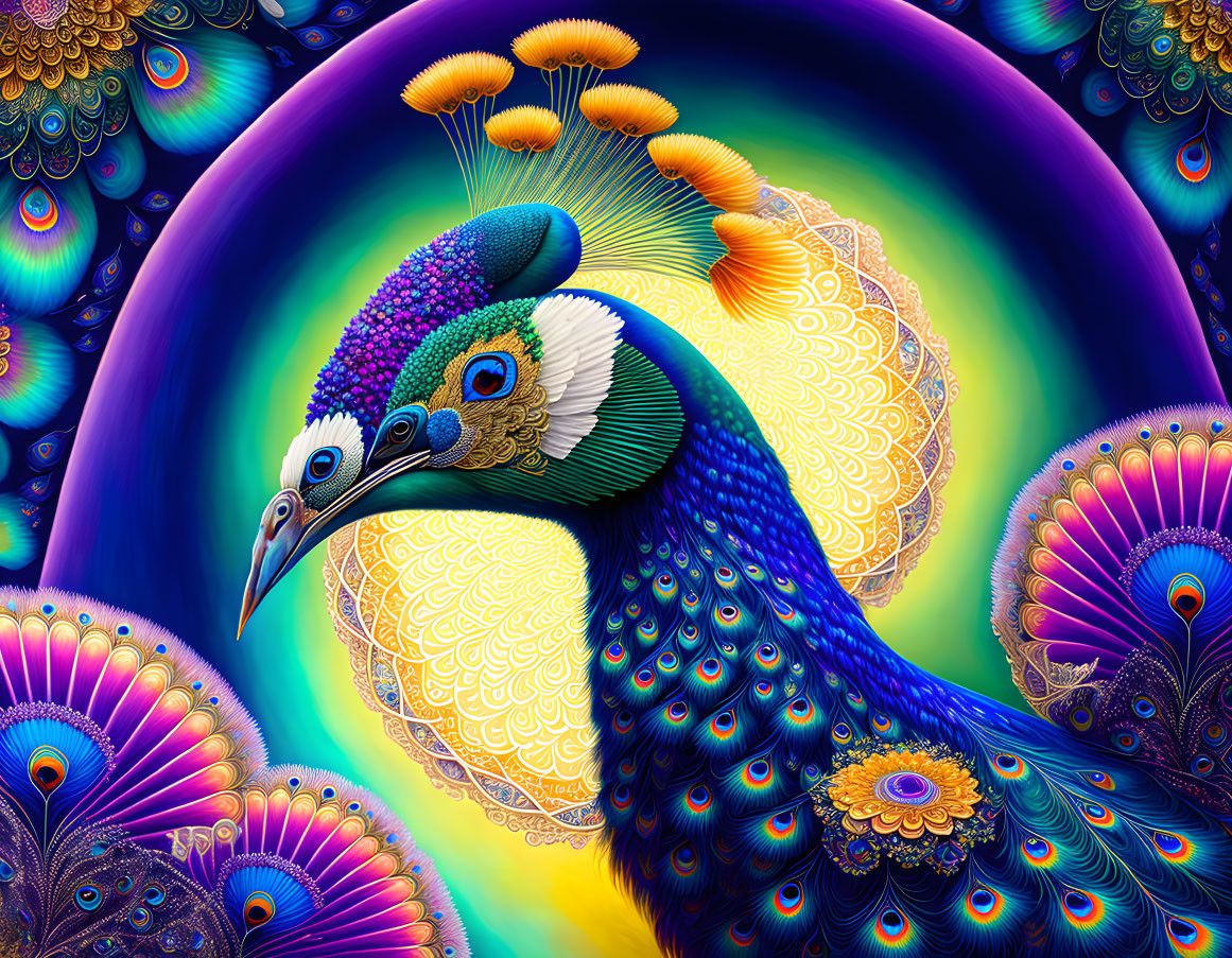 Colorful Peacock Artwork with Intricate Patterns and Mandala Background