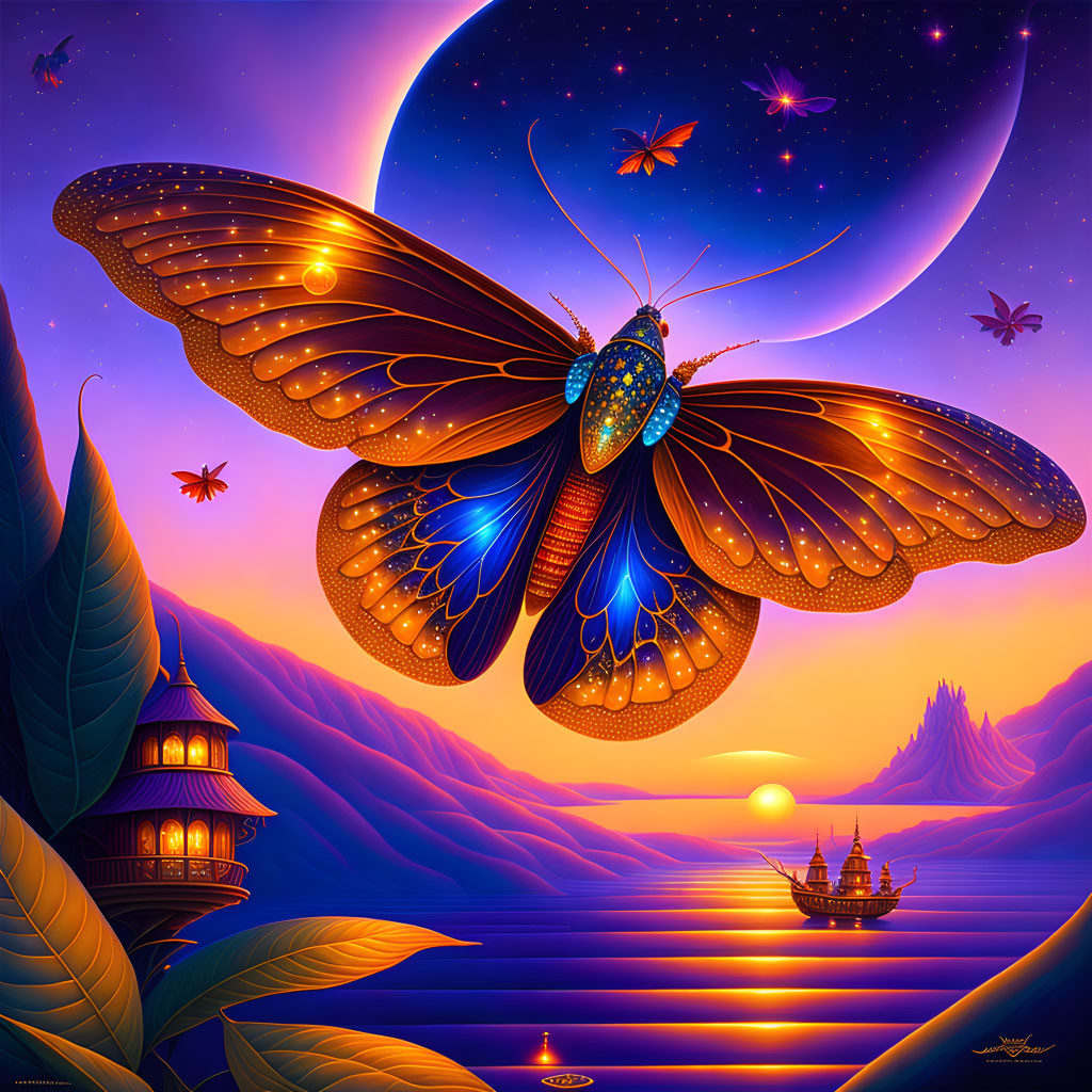 Detailed luminescent butterfly over tranquil sea at sunset with lanterns, ship, and misty mountains