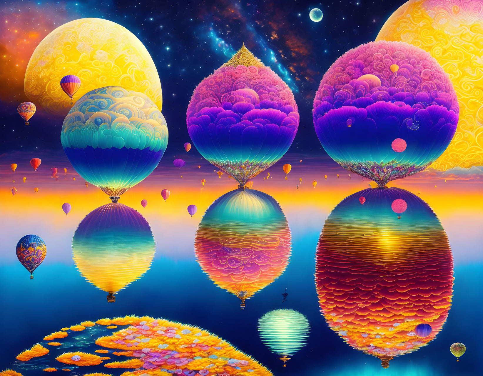 Colorful fantasy landscape with hot air balloons, reflective water, and celestial sky.