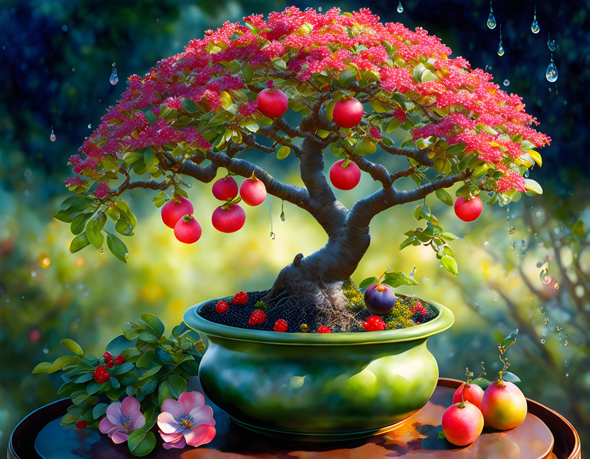 Colorful Bonsai Tree with Red Blossoms and Apples in Green Pot