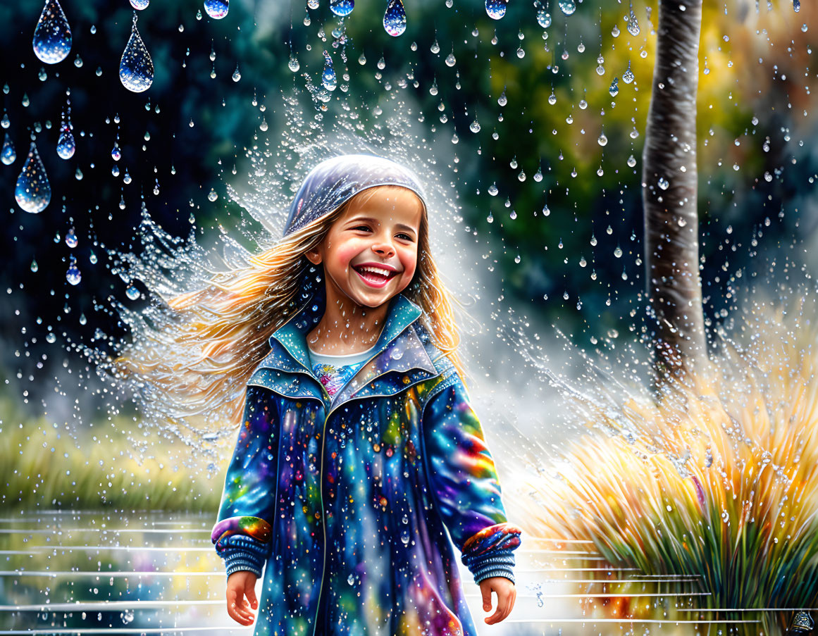 Colorful Raincoat-Wearing Child Laughing in Rainy Scene