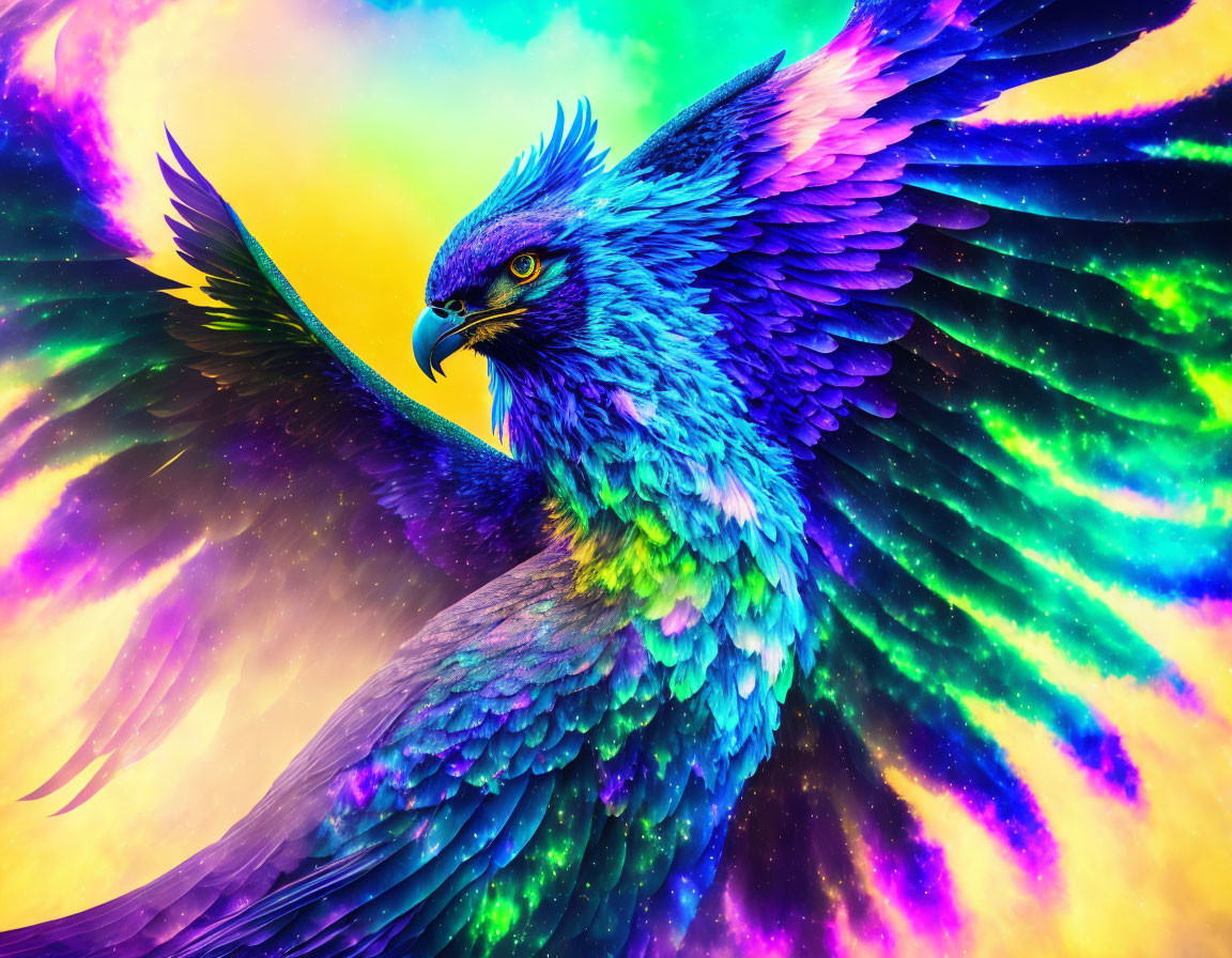 Majestic blue eagle in flight with colorful swirls