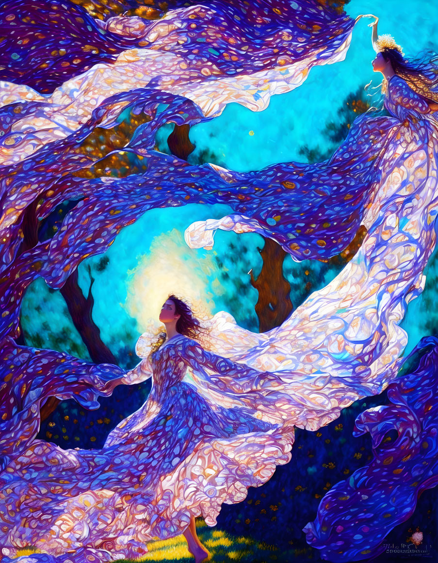 Colorful painting of woman dancing in flowing dress with abstract peacock feather designs on teal and purple backdrop