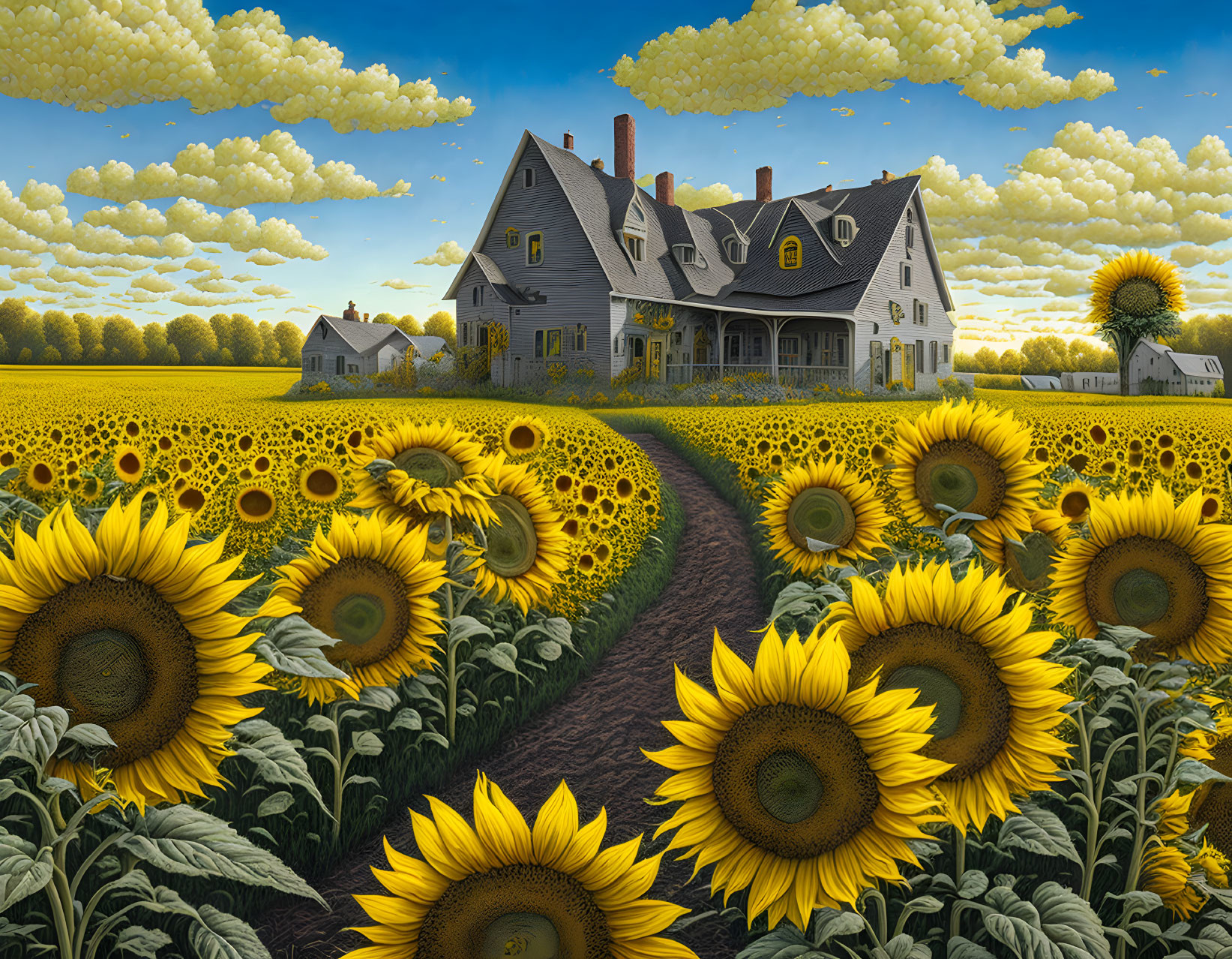 Colorful farmhouse and sunflowers in a sunny field landscape