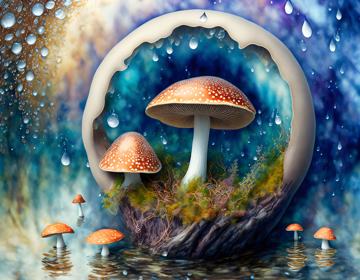 Vibrant surreal mushroom ecosystem in circular frame