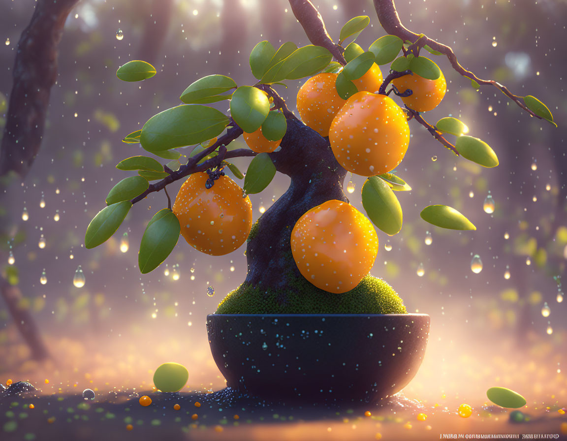 Miniature Orange Tree with Ripe Fruit in Black Bowl and Water Droplets