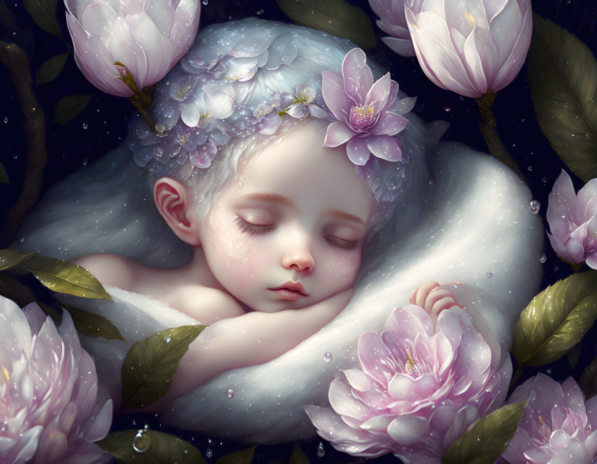 Illustration of baby in pink flowers with petal-like skin