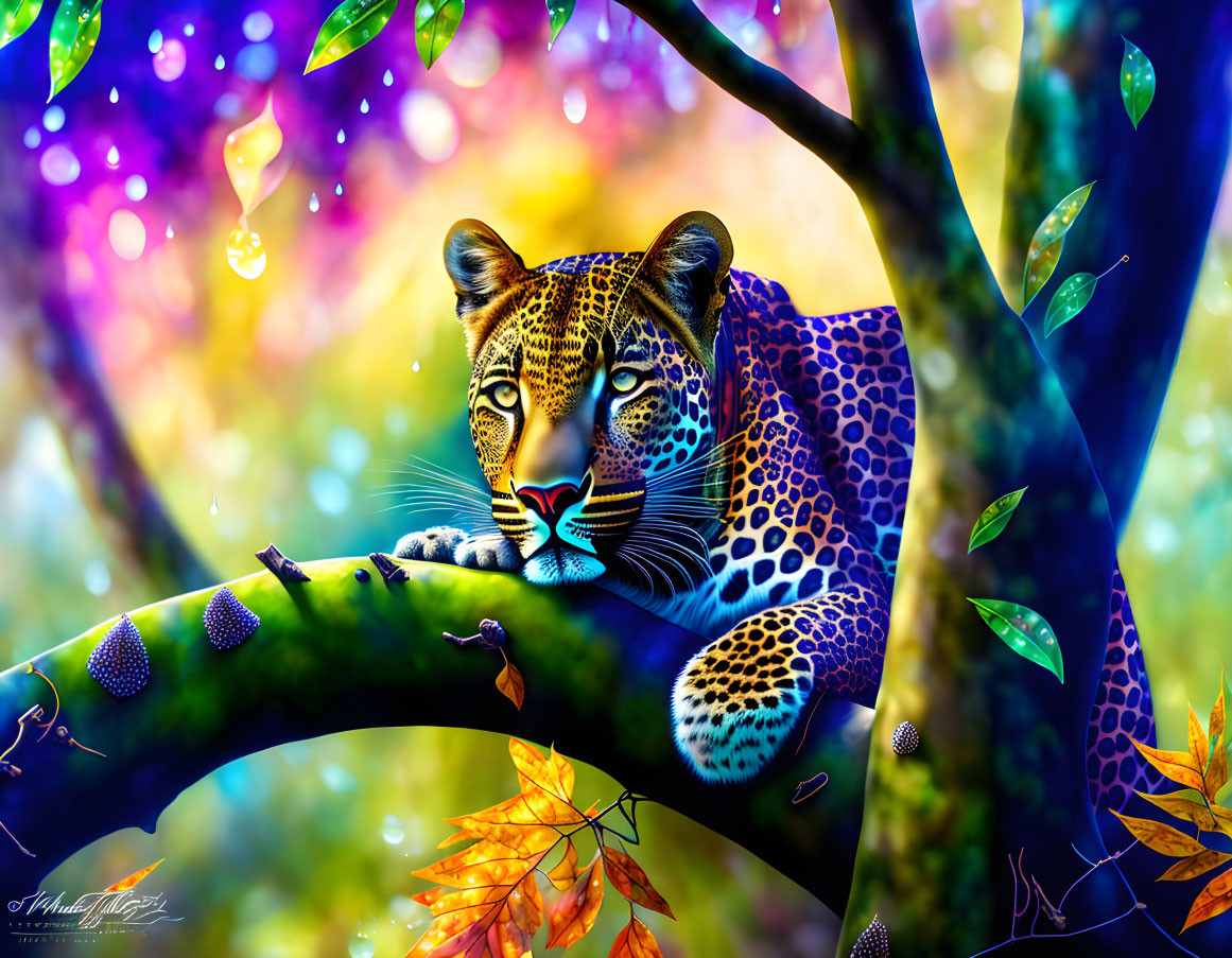 Colorful Leopard Resting on Tree Branch with Bokeh Effect