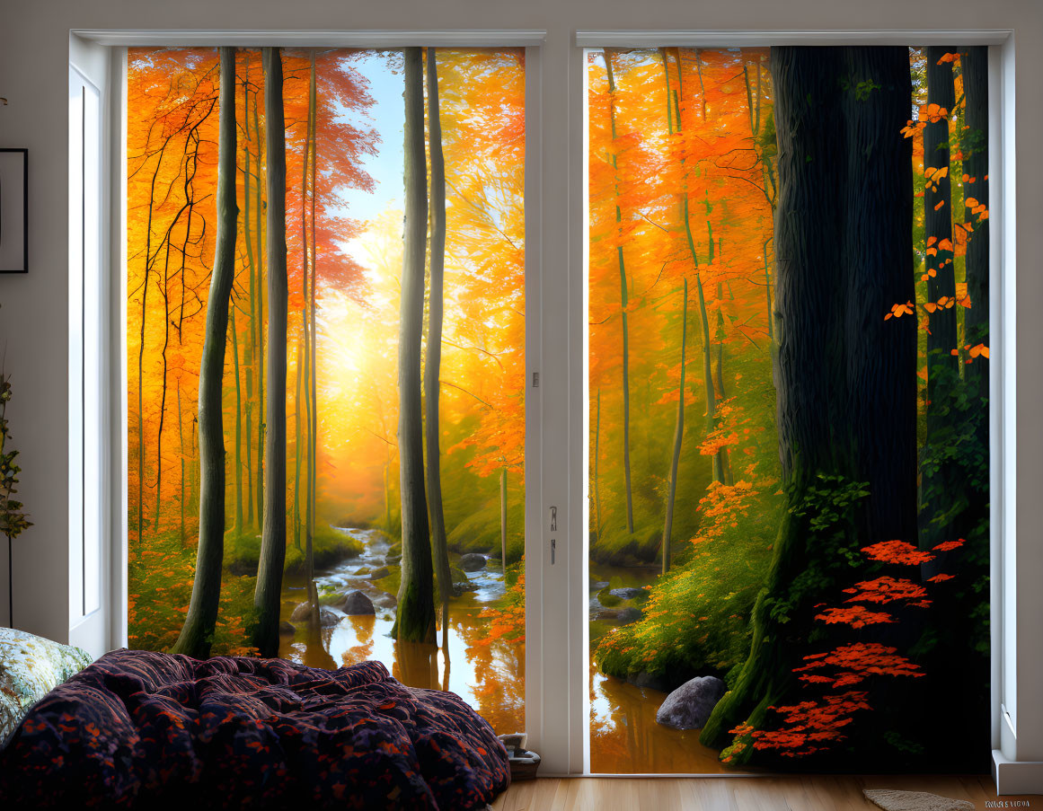 Room with Open Patio Door Overlooking Vibrant Autumn Forest