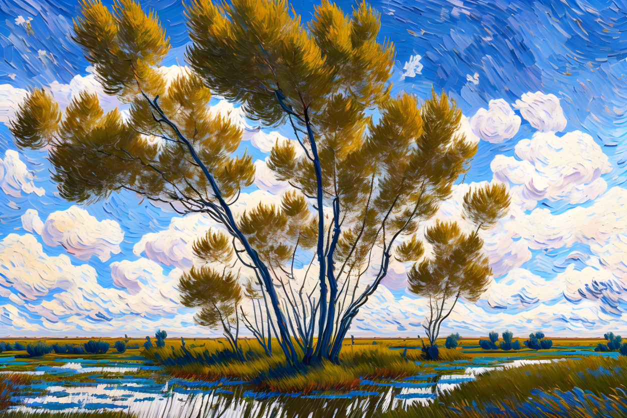 Colorful painting of golden foliage trees under swirling blue sky in waterlogged field