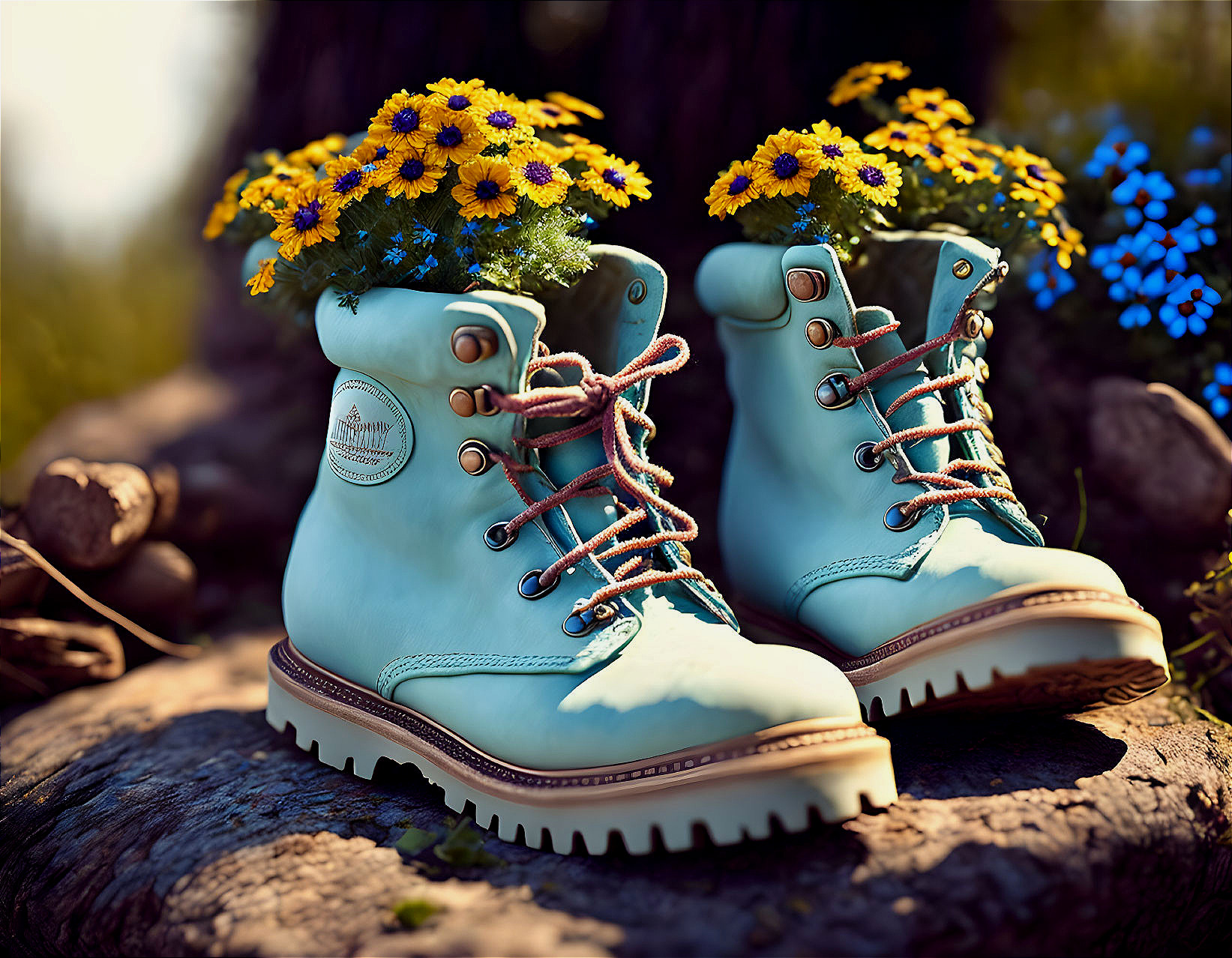 Light Blue Boots with Yellow Flowers Against Natural Backdrop