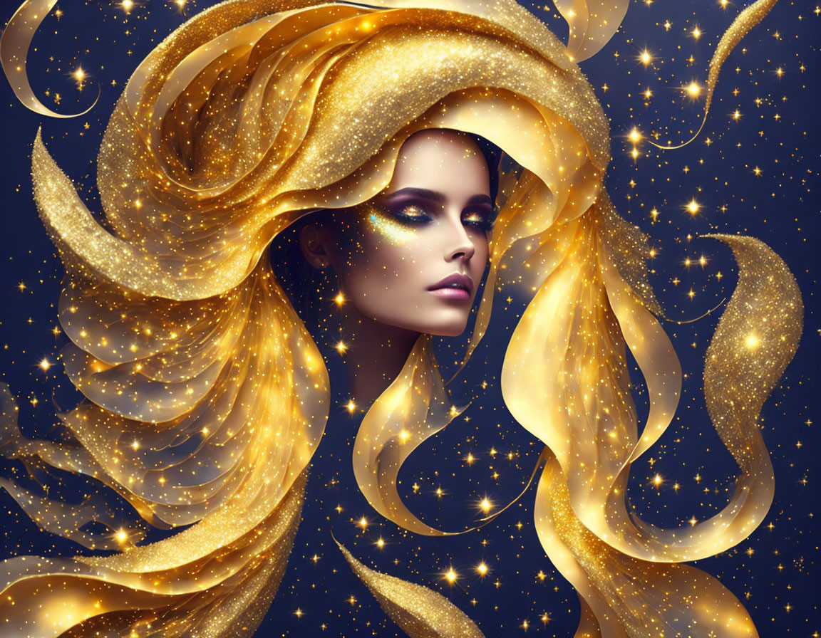 Golden-haired woman in starry night digital art