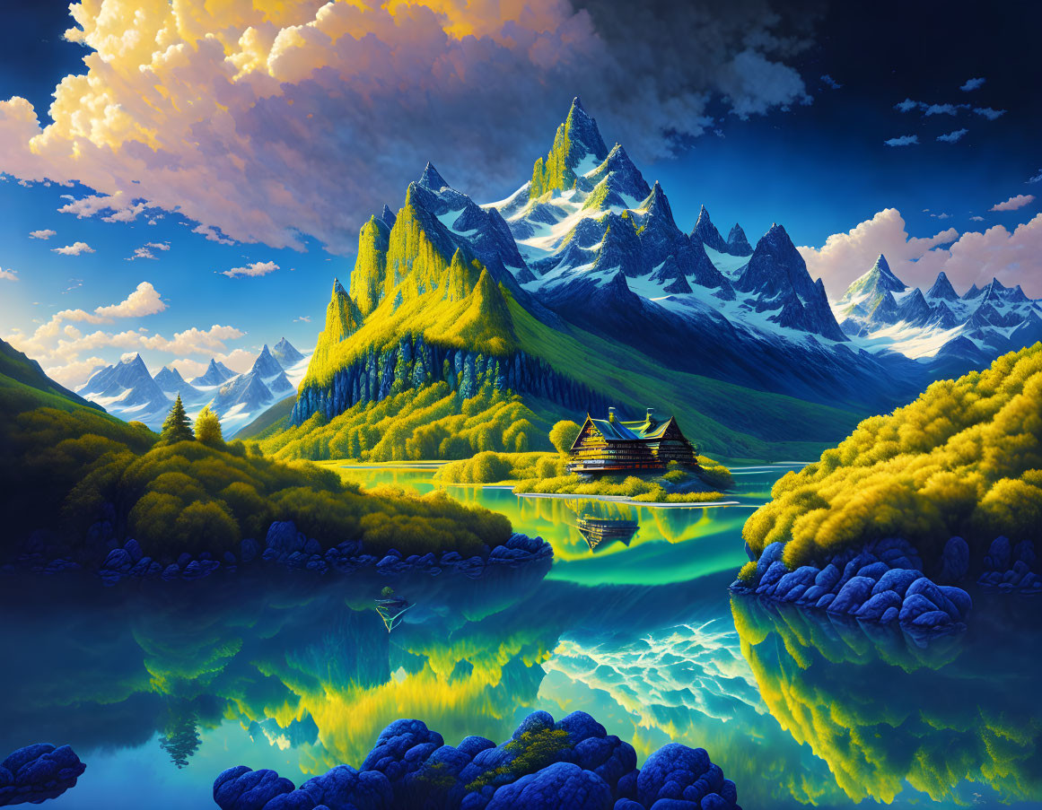 Serene mountain landscape with pagoda in vibrant digital artwork