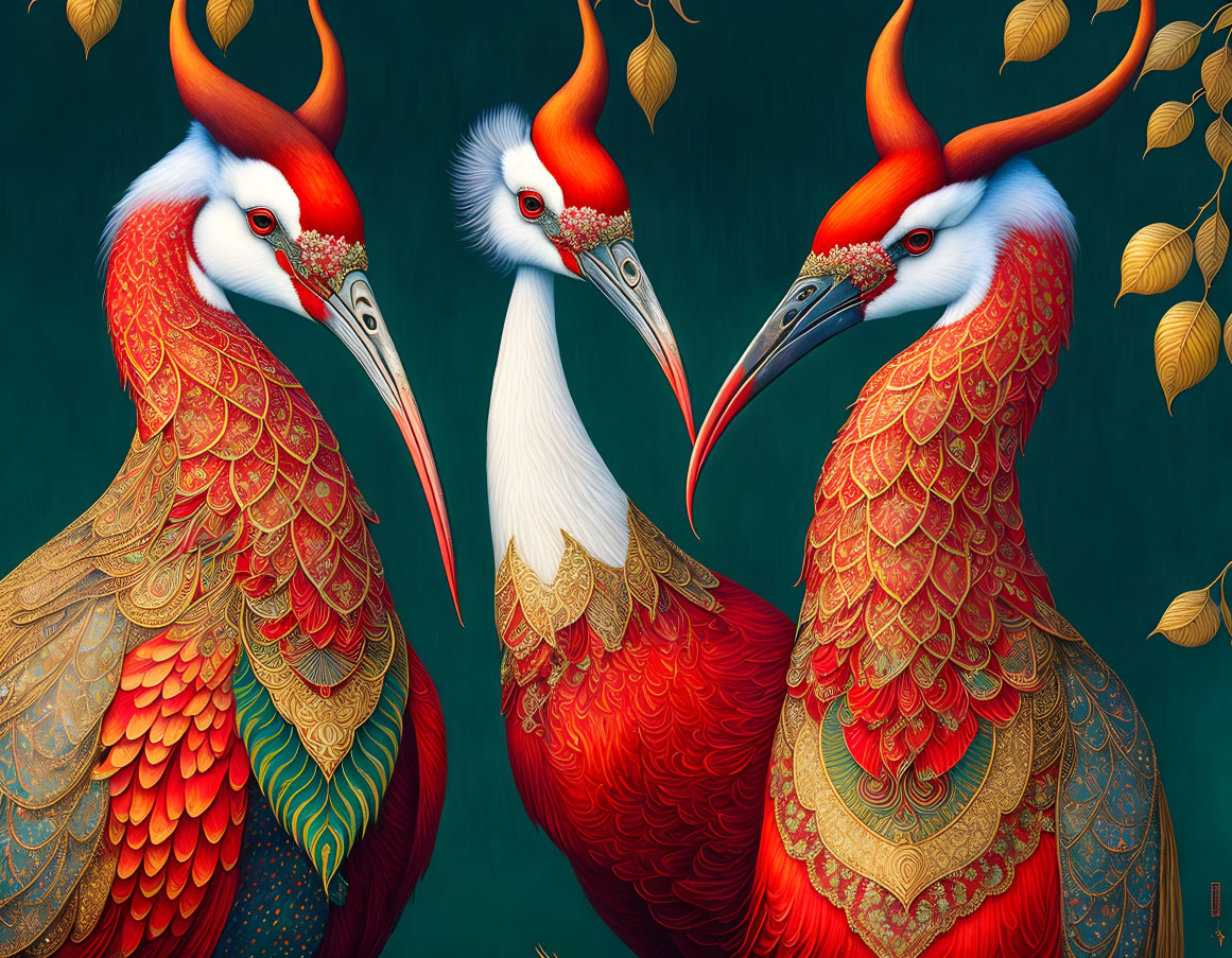 Stylized red birds with intricate feathers on dark green background