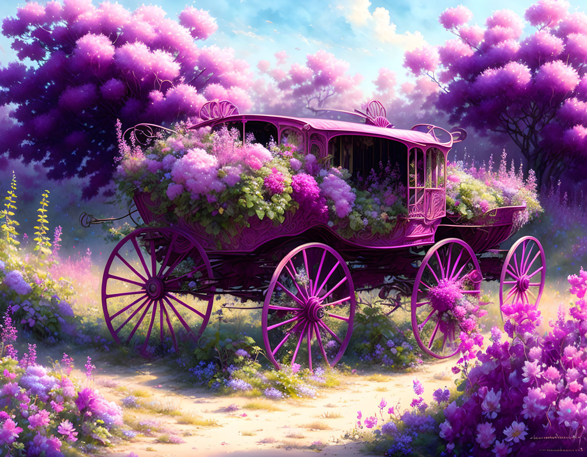 Ornate purple carriage in vibrant garden with lush flowers