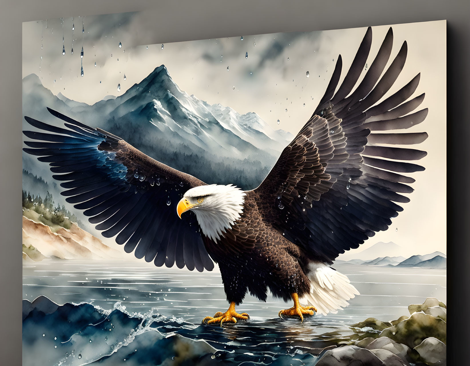 Bald eagle flying over misty mountains with water droplets and reflection