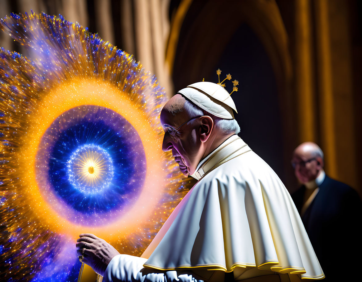 Religious figure with colorful halo in arched interior